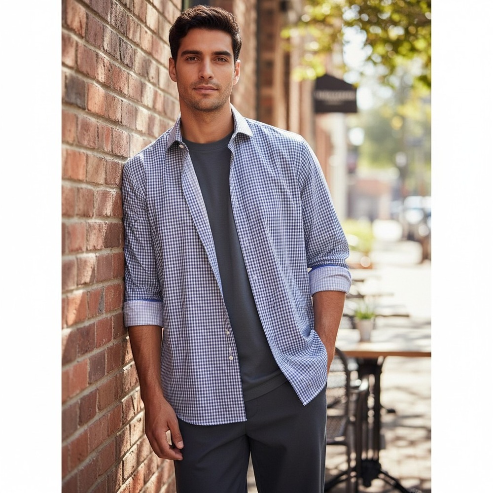 Mens Blue White Gingham Check Button Down Long Sleeve Shirt Casual Business